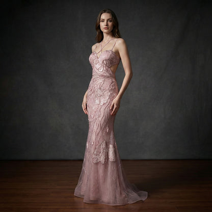 Pink Beaded Mermaid Evening Dress with Cut-Out LA72492