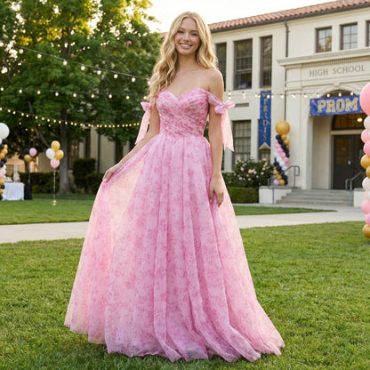 Pink Fairycore Printed Off-the-Shoulder Flowy Garden Prom Dress LA73620