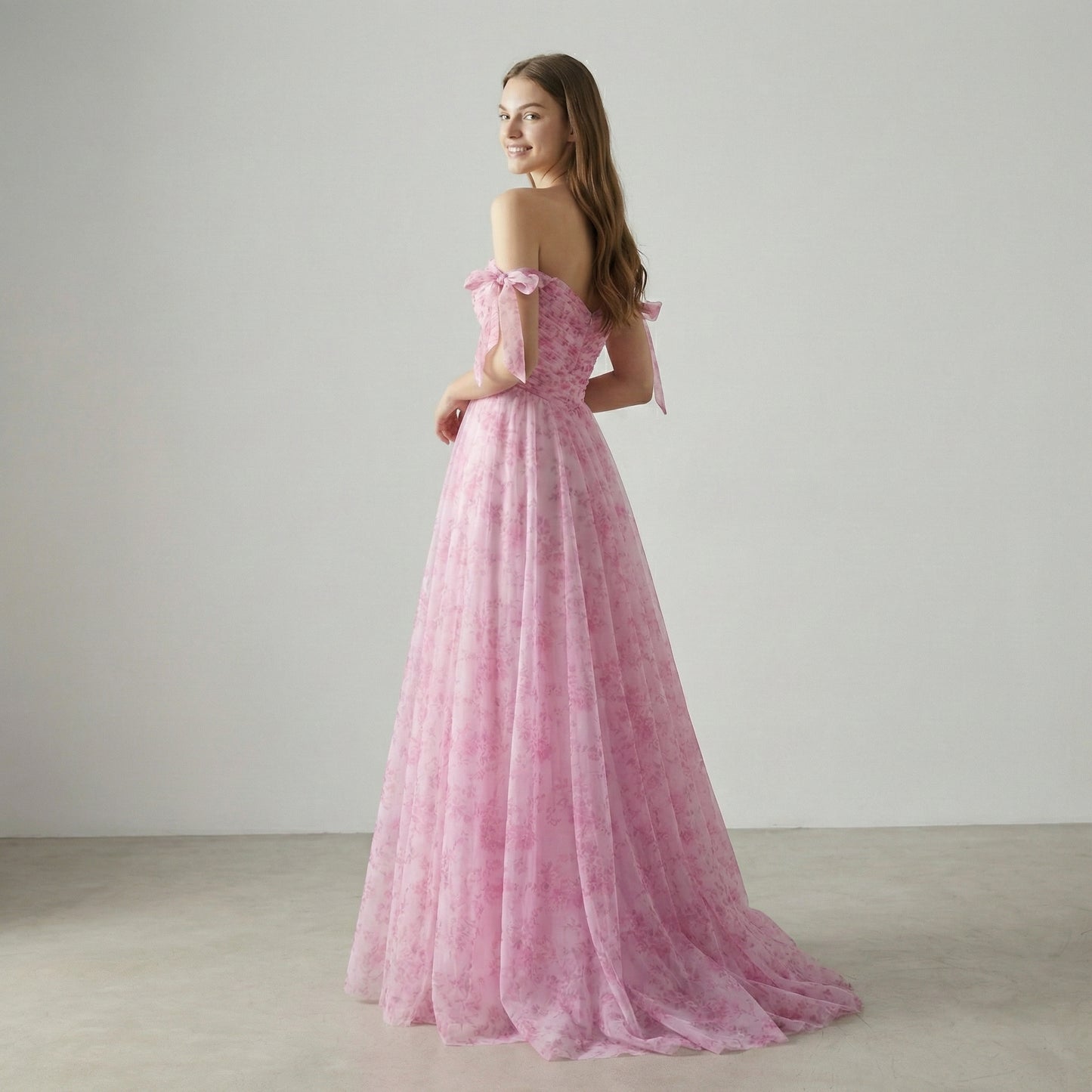 Pink Fairycore Printed Off-the-Shoulder Flowy Garden Prom Dress LA73620
