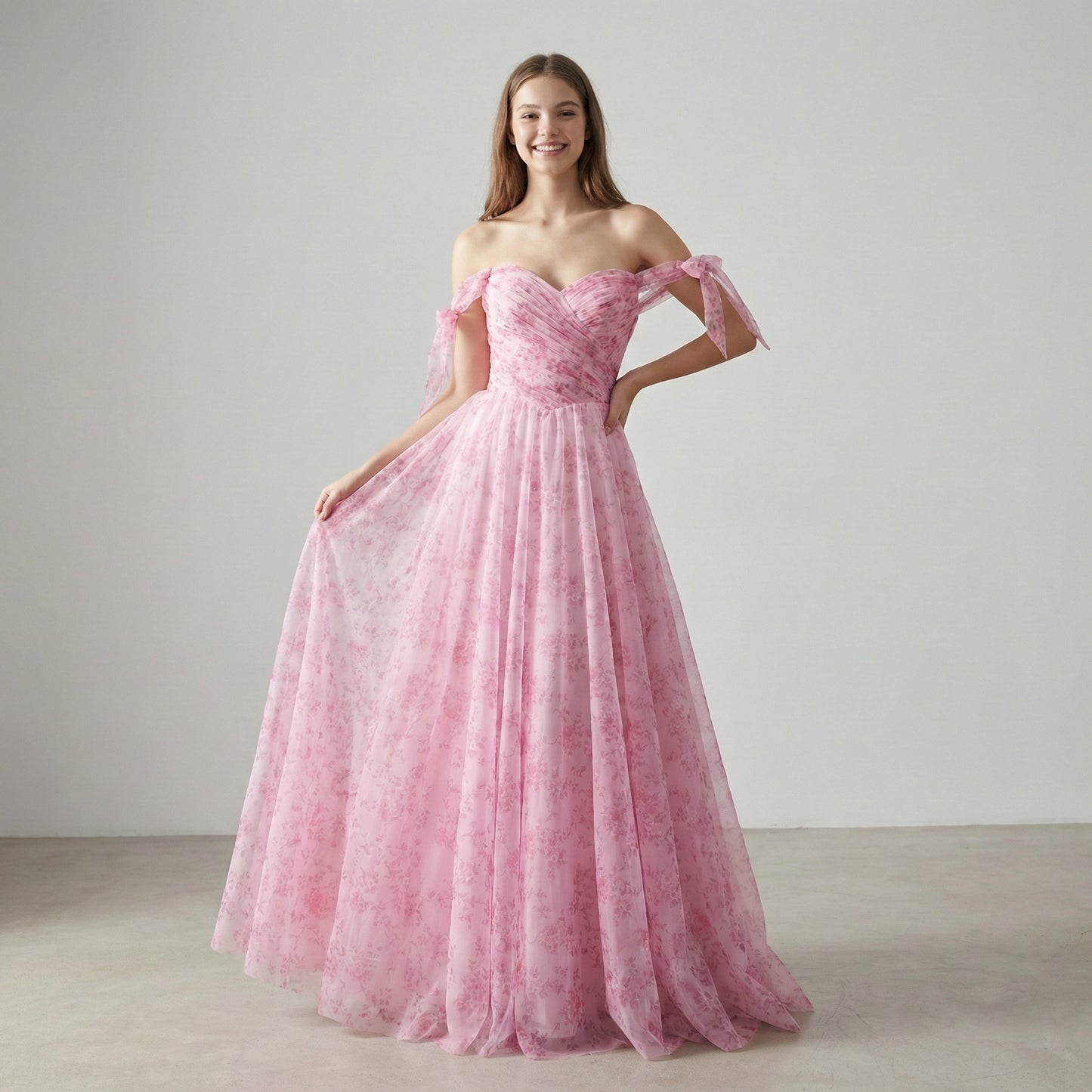 Pink Fairycore Printed Off-the-Shoulder Flowy Garden Prom Dress LA73620