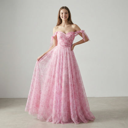 Pink Fairycore Printed Off-the-Shoulder Flowy Garden Prom Dress LA73620