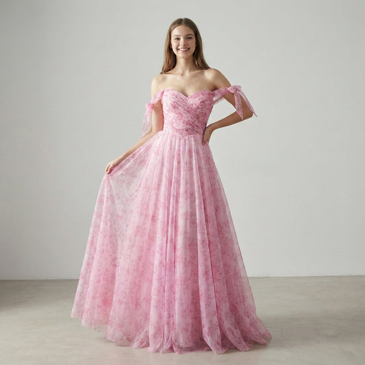 Pink Fairycore Printed Off-the-Shoulder Flowy Garden Prom Dress MN73620