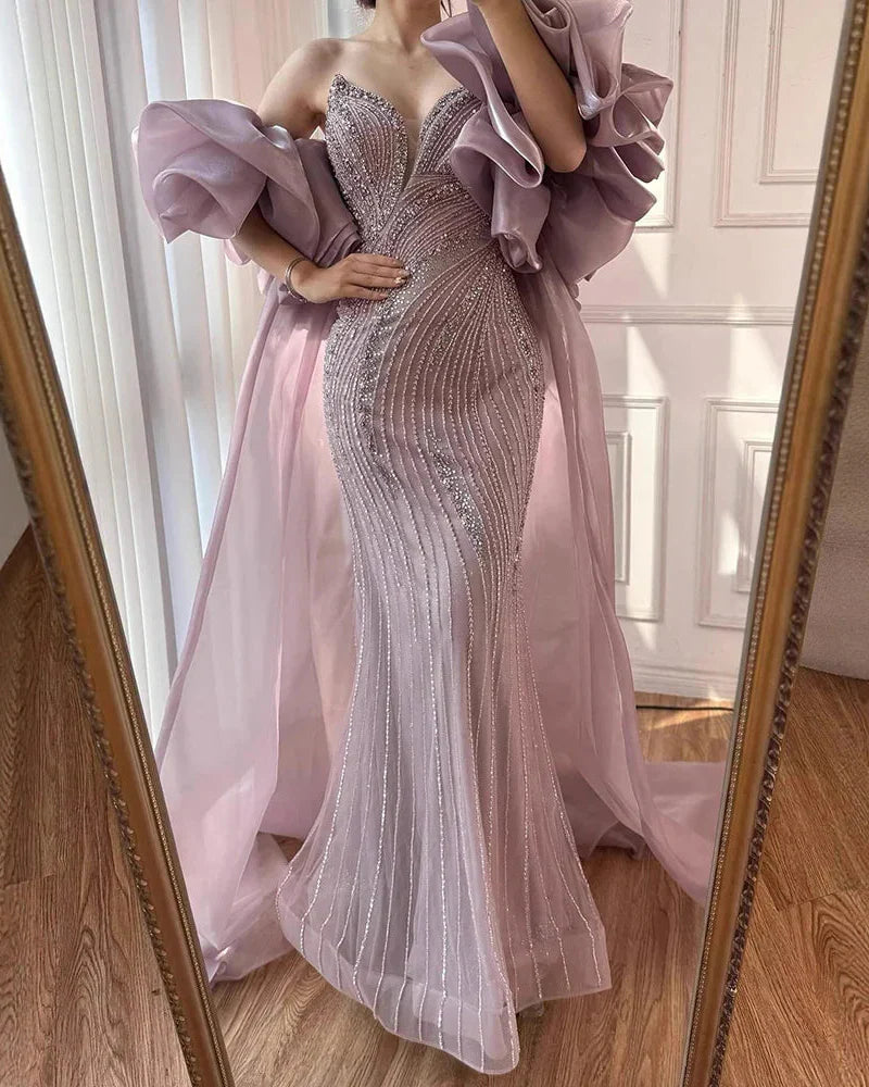 Nude Strapless Beaded Mermaid Evening Dress with Puffy Sleeve Over Skirt for Pageant LA72896