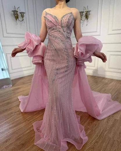 Nude Strapless Beaded Mermaid Evening Dress with Puffy Sleeve Over Skirt for Pageant LA72896