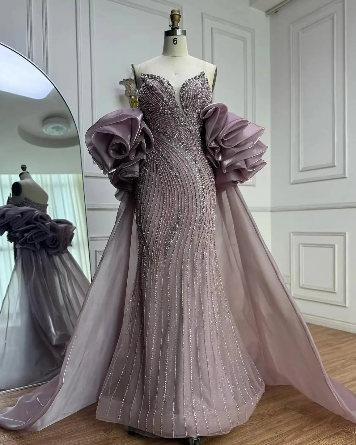 Nude Strapless Beaded Mermaid Evening Dress with Puffy Sleeve Over Skirt for Pageant LA72896