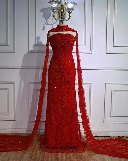 Nude Beaded Mermaid Sleeveless Evening Dress with Detachable Cape LA72824