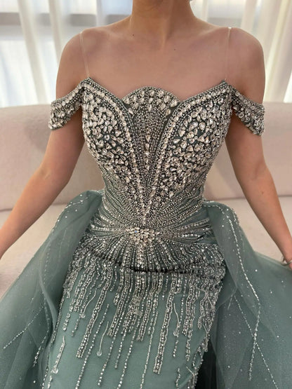 Luxury Nude Beaded Mermaid Evening Dress Party Gown LA73392