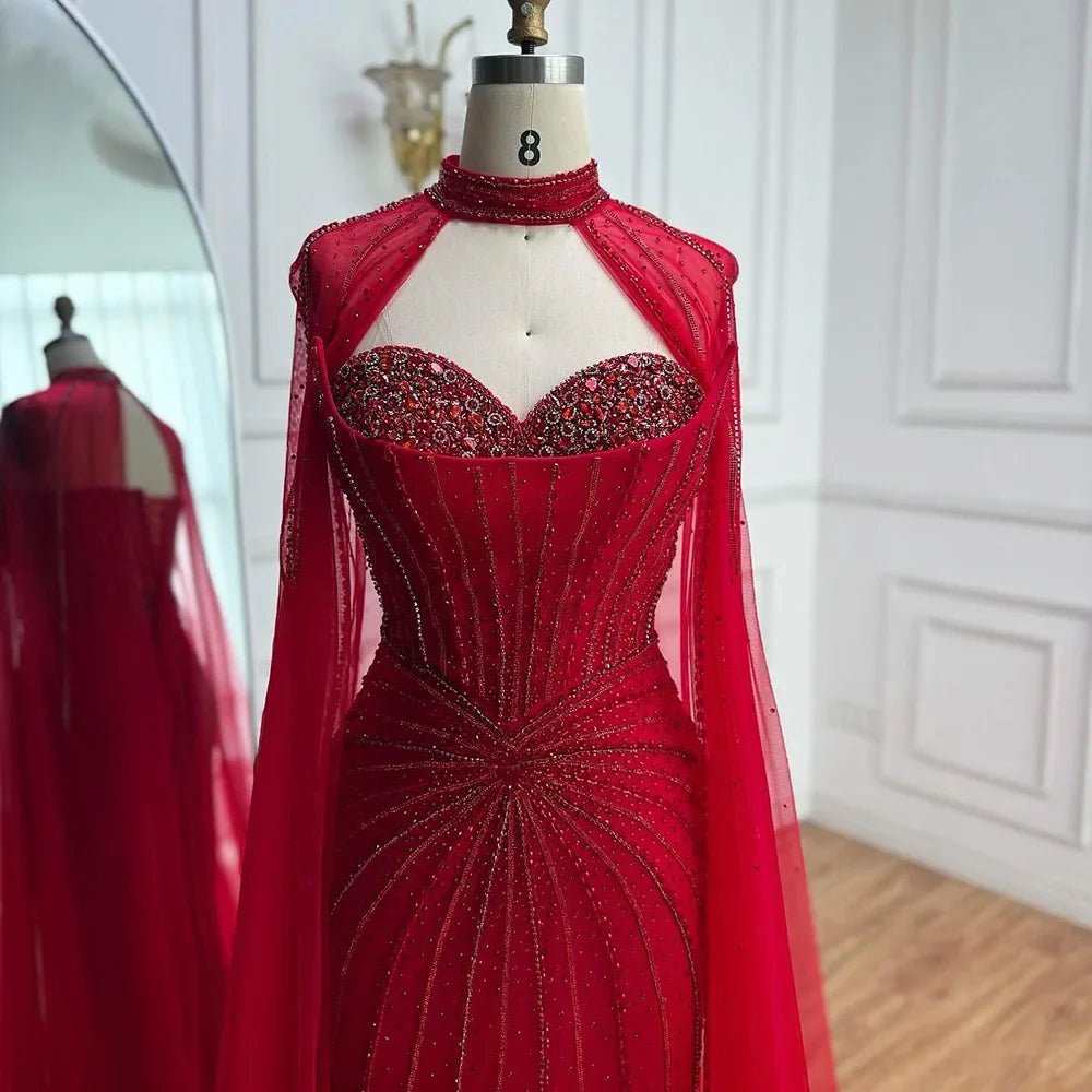 Red Beaded Mermaid Luxury Evening Dress with Cape LA72811A