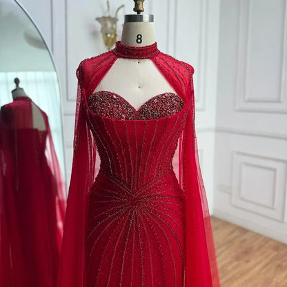 Red Beaded Mermaid Luxury Evening Dress with Cape LA72811A