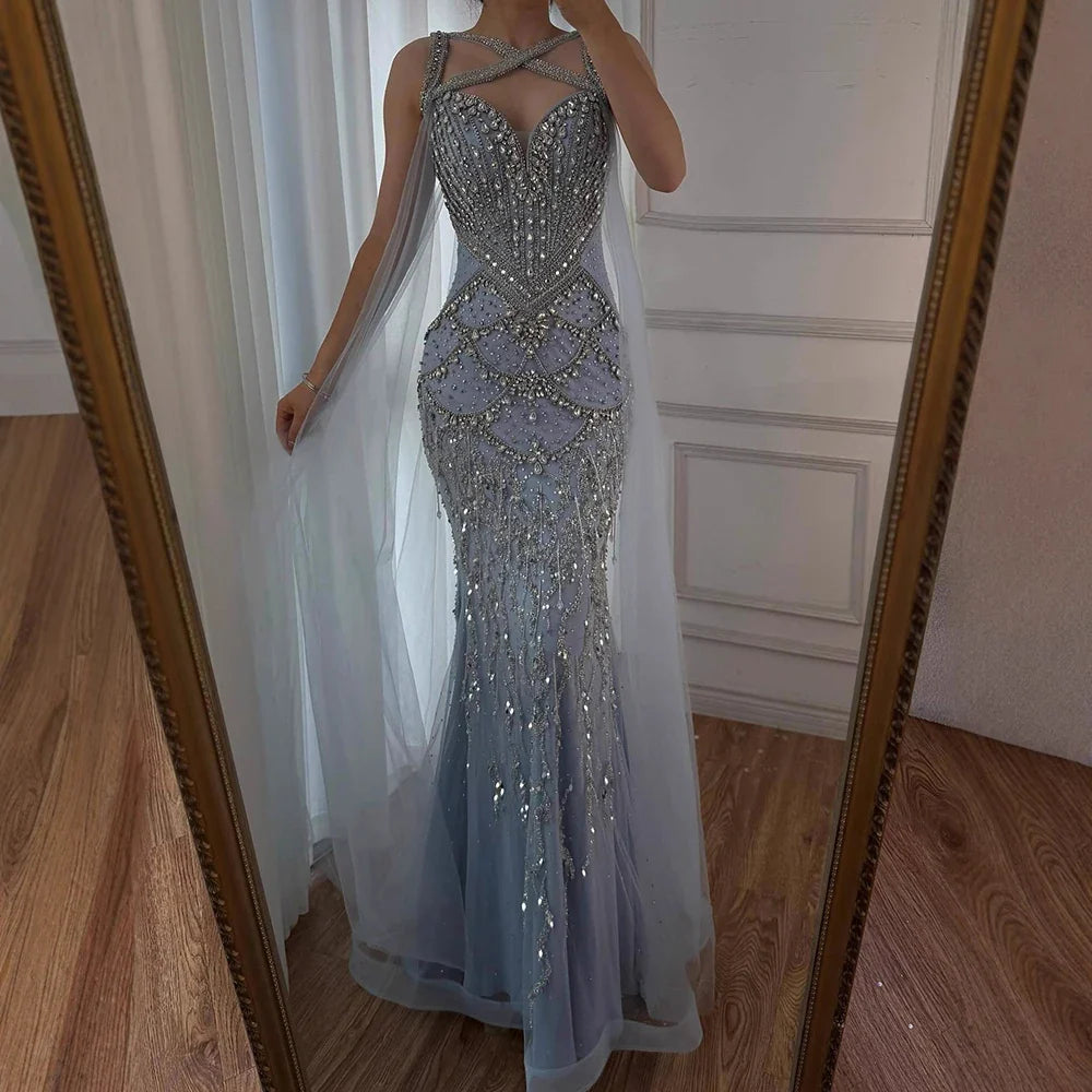 Pink Beaded Luxury Mermaid Evening Dress with Detachable Cape LA72806
