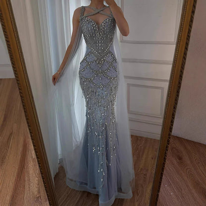 Pink Beaded Luxury Mermaid Evening Dress with Detachable Cape LA72806
