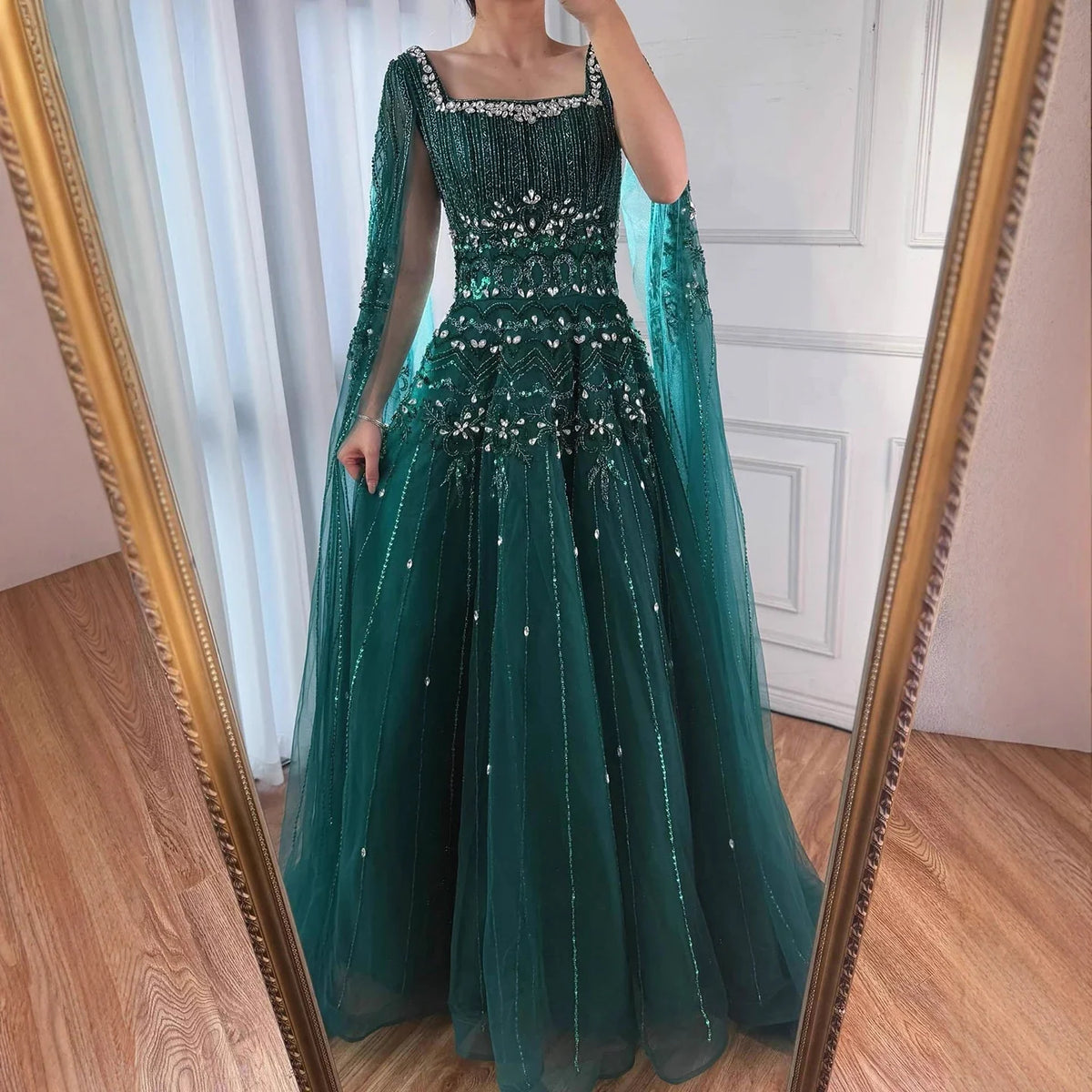 Caramel Beaded A-Line Evening Dress with Cape Sleeves LA73089A