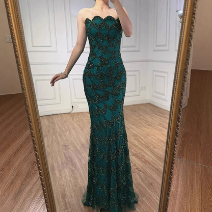 Luxury Arabic Designer Elegant Green Mermaid Evening Dress LA73117