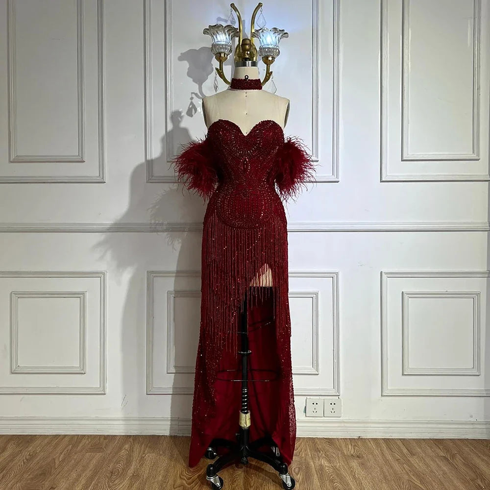 Luxury Red Mermaid High Slit Evening Dress with Tassel LA72083