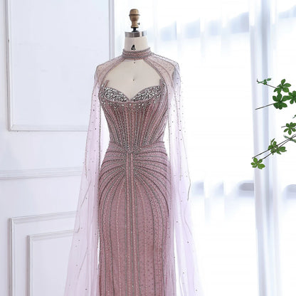 Caramel Beaded Mermaid Luxury Evening Dress with Detachable Cape LA72811C