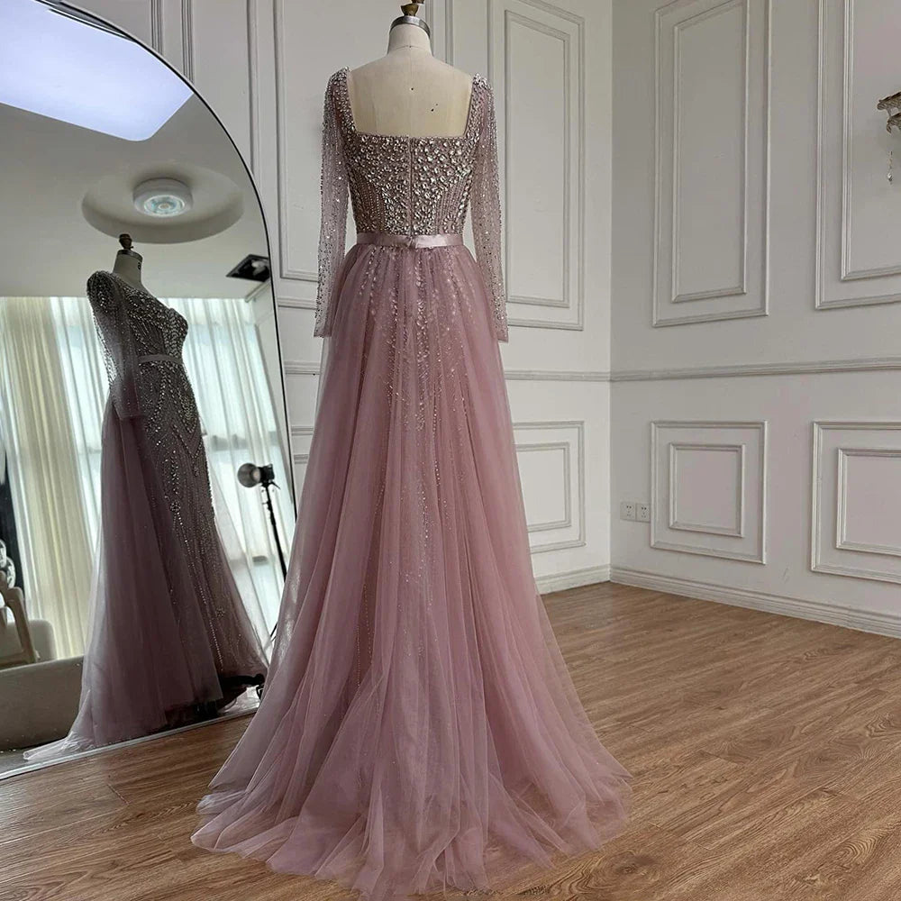 Luxury Nude Beaded Mermaid Evening Dress with Overskirt LA73190