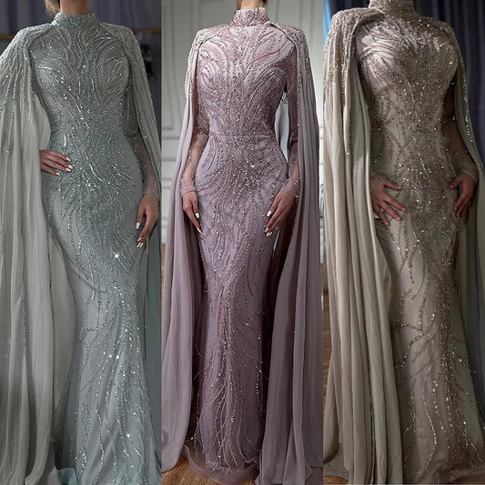 Luxury Modest Pink Evening Dress with Cape Long Sleeves Gown LA72413A