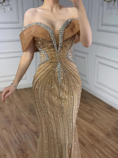 Luxury Gold Crystal Beaded Mermaid Evening Dress Party Gown LA73142A
