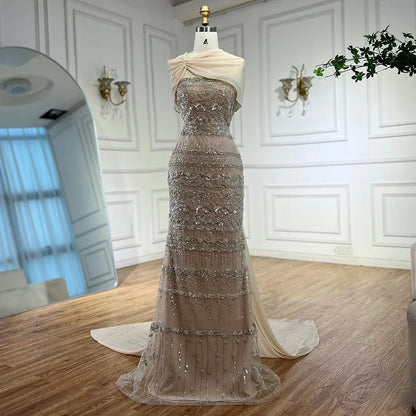 Elegant Sage Green Beaded Evening Dress with Sheer Cape LA72126B