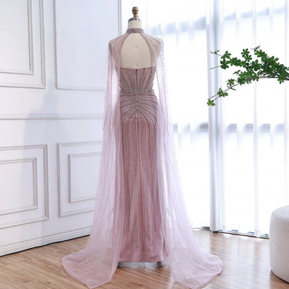 Caramel Beaded Mermaid Luxury Evening Dress with Detachable Cape LA72811C