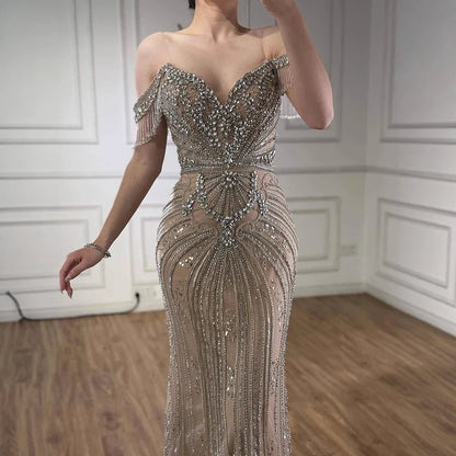 Luxury Pink Beaded Tassel Off-the-Shoulder Evening Dress Dubai Style LA73204