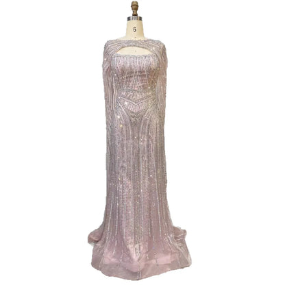 Elegant Blue Strapless Beaded Evening Dress with Cape LA73426