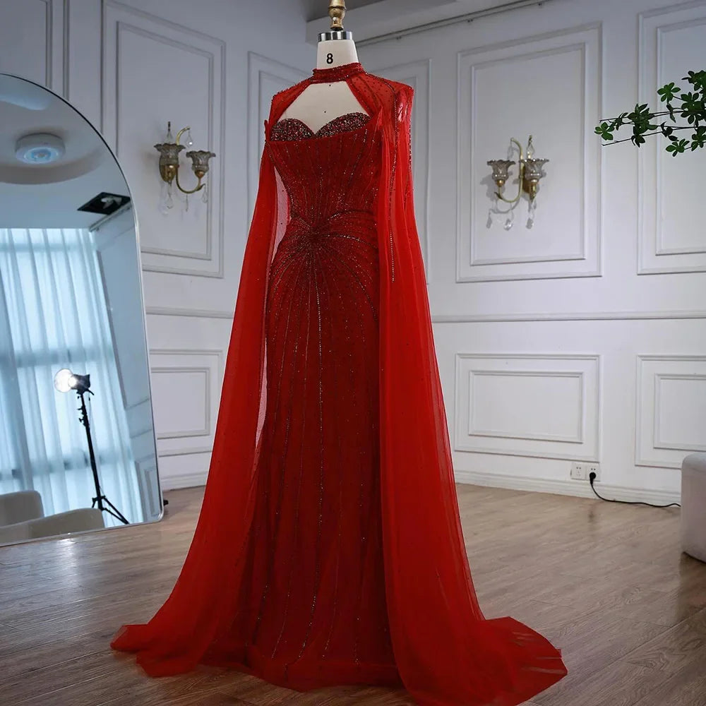 Red Beaded Mermaid Luxury Evening Dress with Cape LA72811A