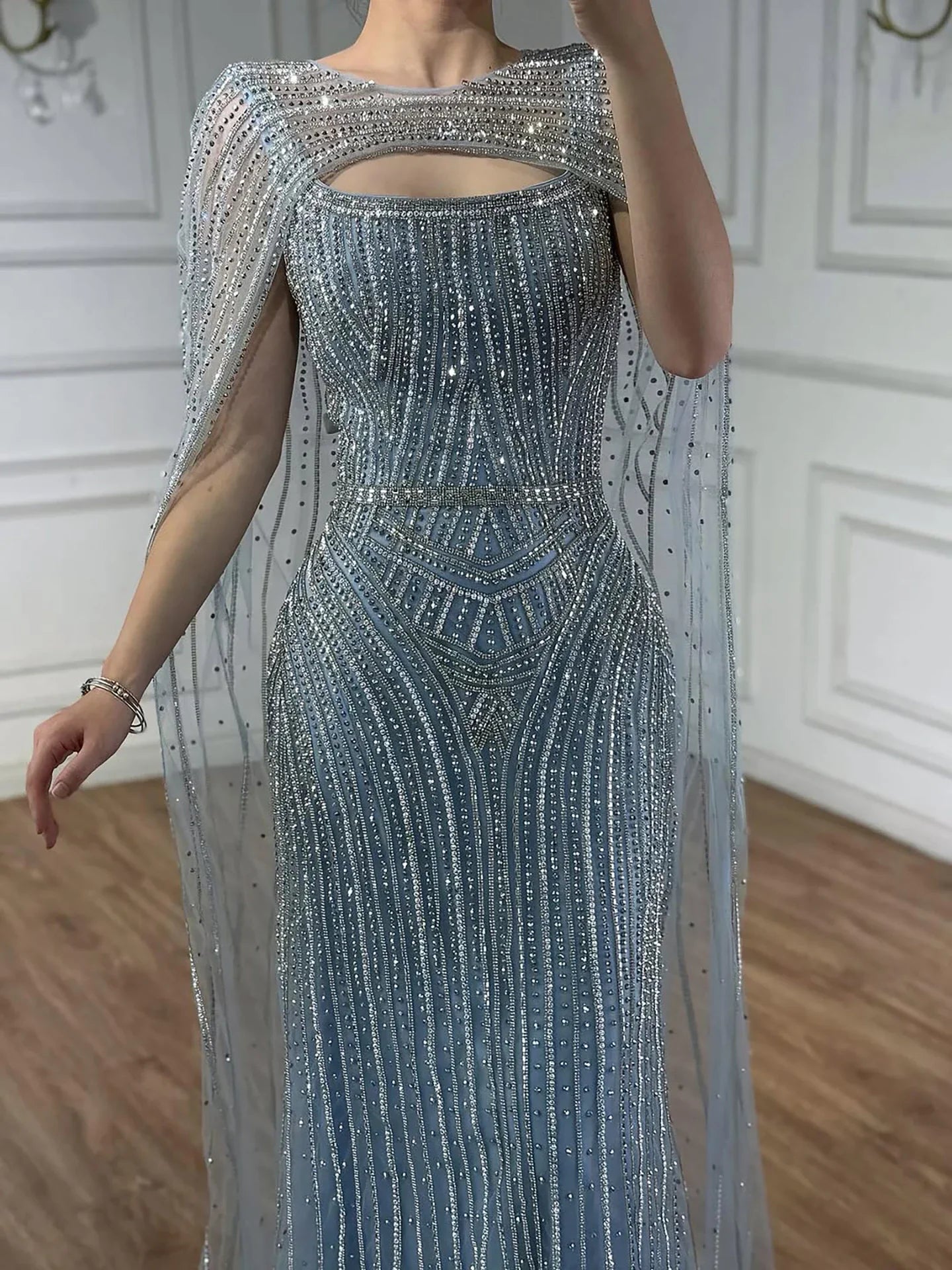 Elegant Blue Strapless Beaded Evening Dress with Cape LA73426