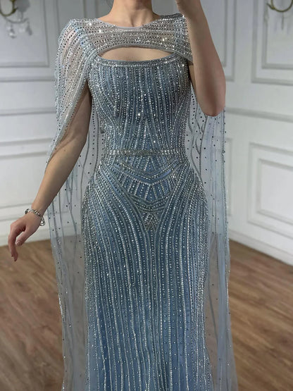Elegant Blue Strapless Beaded Evening Dress with Cape LA73426