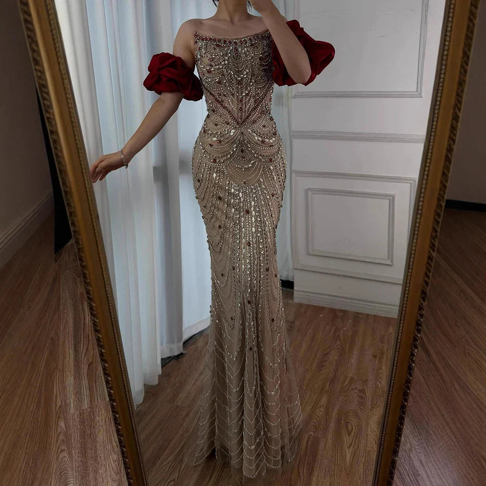 Luxury Red Beaded Evening Dress with Puff Sleeves Pearl Adorned LA72903