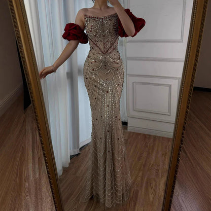 Luxury Red Beaded Evening Dress with Puff Sleeves Pearl Adorned LA72903