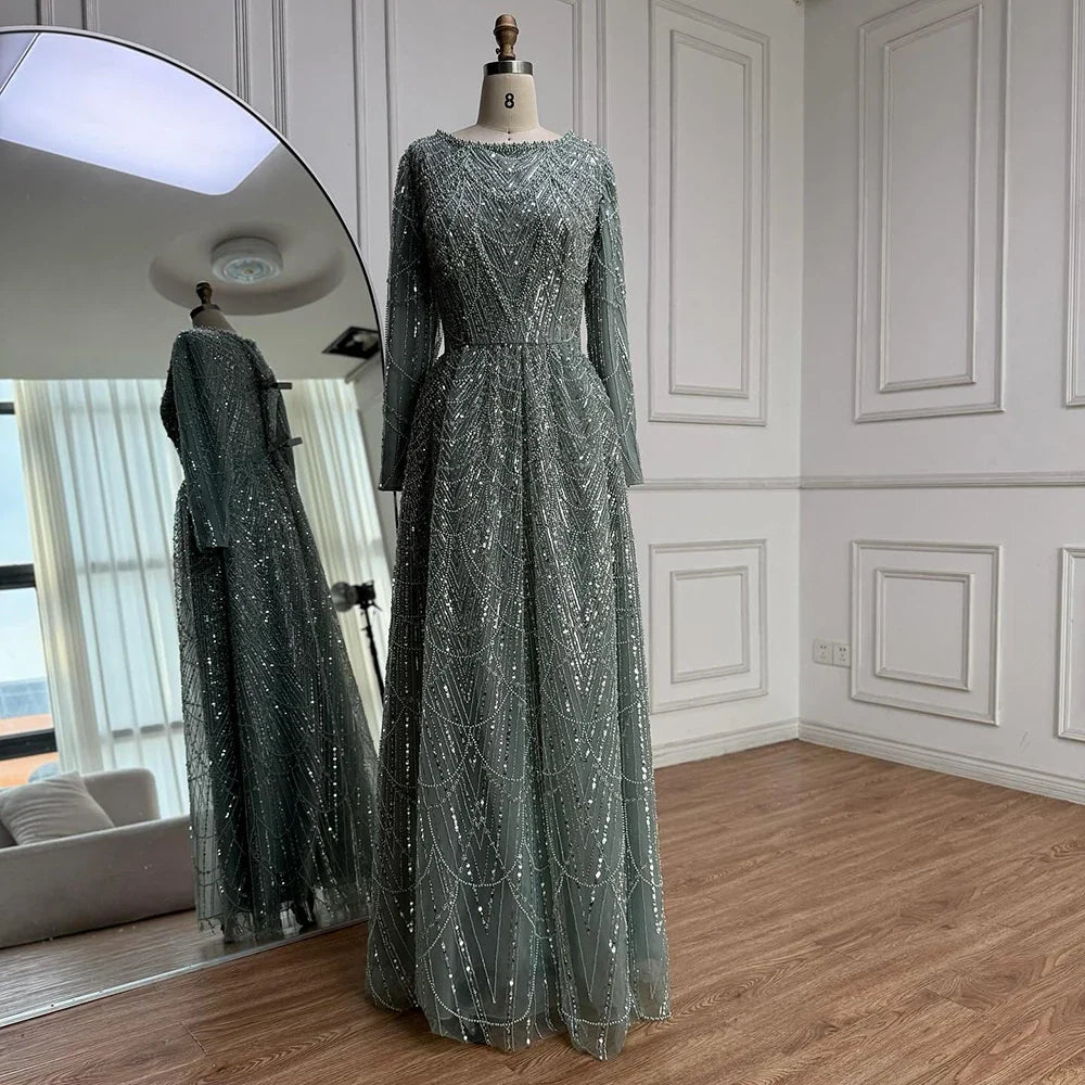 Olive Green Beaded A-Line Modest Evening Dress Plus Size LA72738B