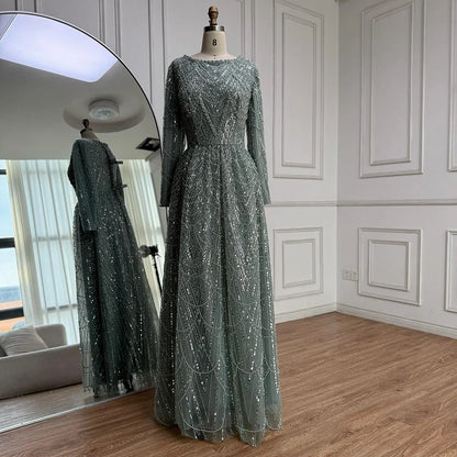 Olive Green Beaded A-Line Modest Evening Dress Plus Size LA72738B