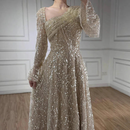 Luxury Turquoise Beaded A-Line Long Sleeve Evening Dress LA73177