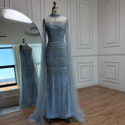 Nude Hand-Beading Evening Dress Cape Sleeve for Formal Night Wedding Party LA72714A