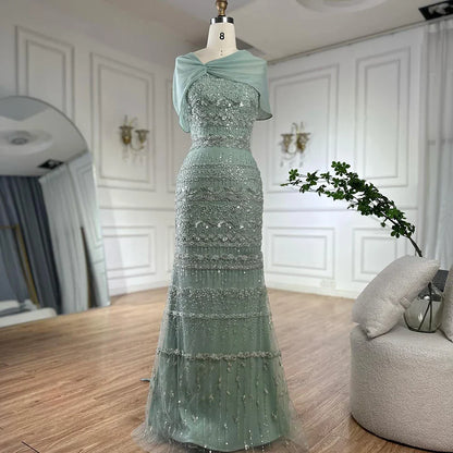 Elegant Sage Green Beaded Evening Dress with Sheer Cape LA72126B