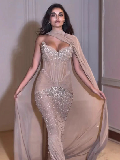 Nude Beaded Corset Mermaid Luxury Evening Dress with Cape LA73343