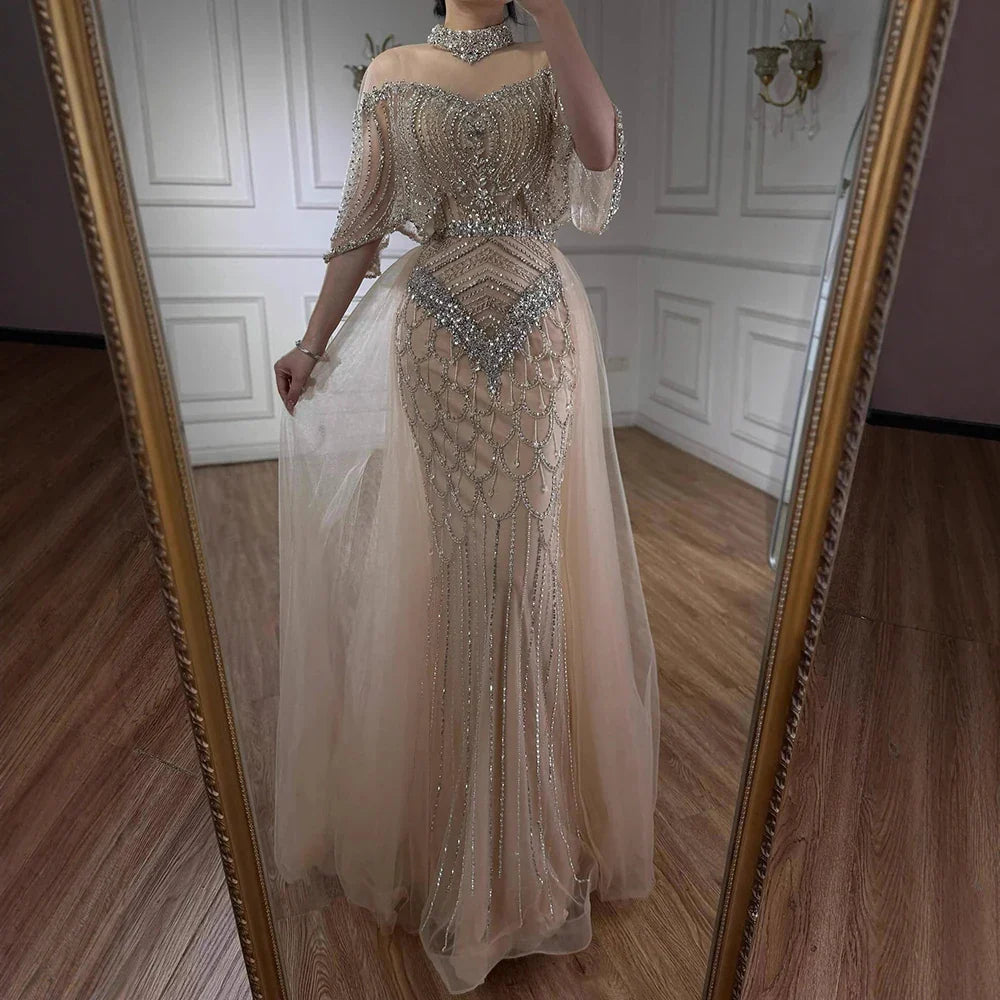 Luxury Nude Beaded Sleeveless Evening Dress with Cape LA73129