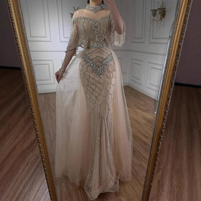 Luxury Nude Beaded Sleeveless Evening Dress with Cape LA73129