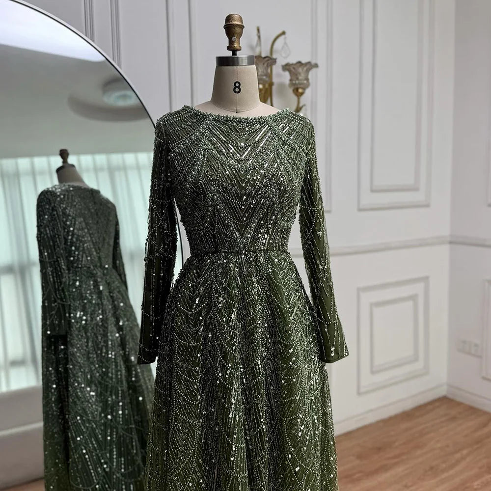 Olive Green Beaded A-Line Modest Evening Dress Plus Size LA72738B
