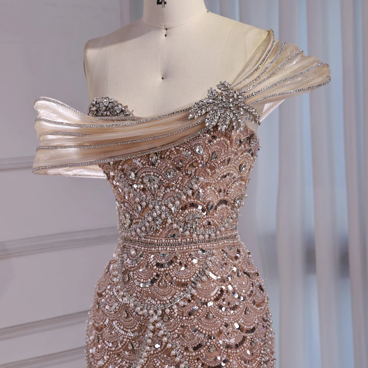 Nude Heady Beaded Off-the-Shoulder Mermaid Evening Dress LA73365A