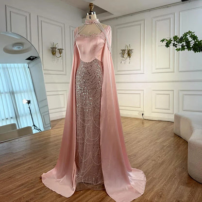 Pink Sweetheart Pearls Beaded Evening Dress with Cape Sleeve LA73051