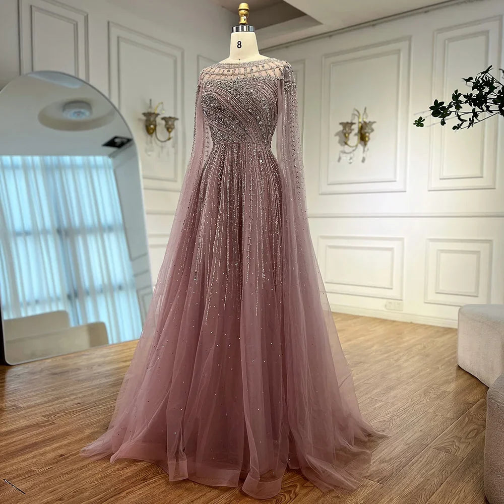 Saudi Arabic Modest Pink Beaded Evening Dress Party Gown LA72994