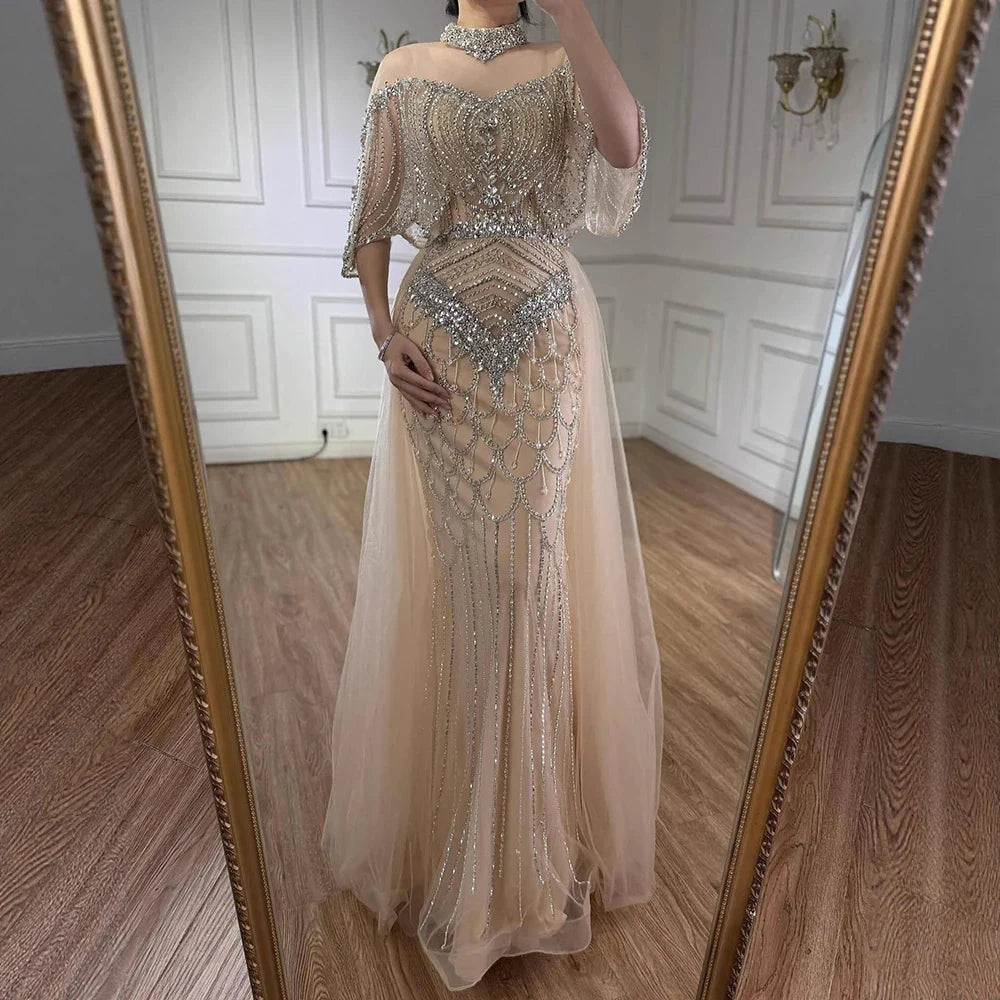 Luxury Nude Beaded Sleeveless Evening Dress with Cape LA73129