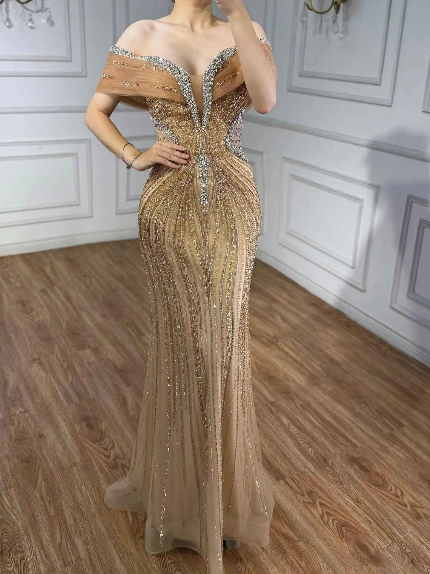 Luxury Gold Crystal Beaded Mermaid Evening Dress Party Gown LA73142A