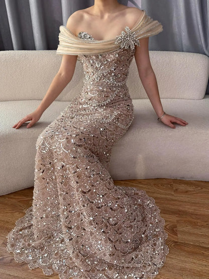Nude Heady Beaded Off-the-Shoulder Mermaid Evening Dress LA73365A