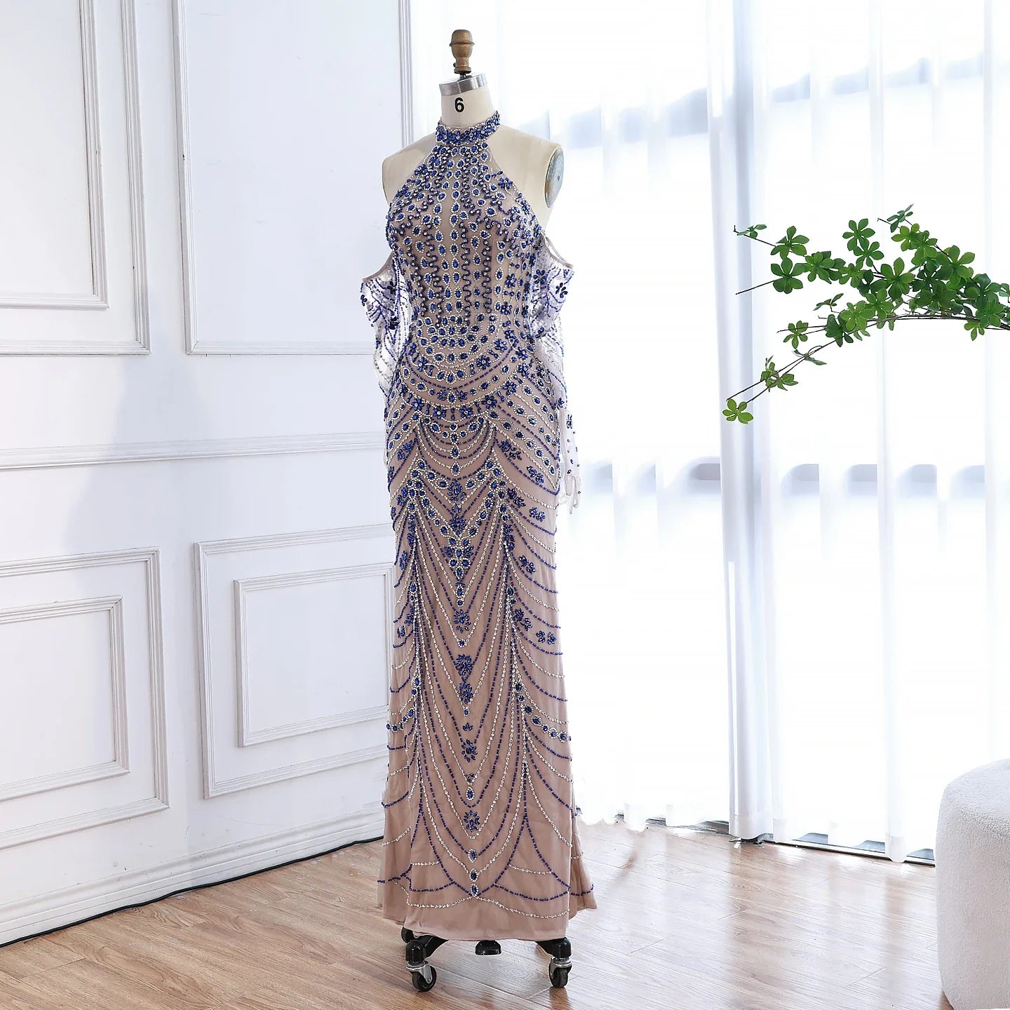 Halter Neck Blue Mermaid Luxury Evening Dress with Gloves LA72760C