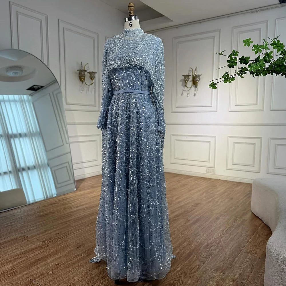 Luxury Modest Pink A-Line Evening Dress with Pearl and Cape LA72032B