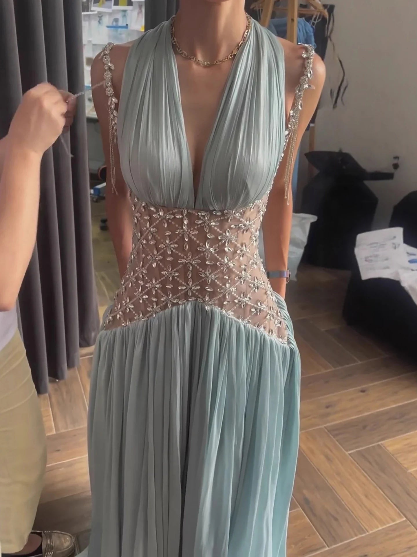 Turquoise Halter Neck Beaded Corset A-Line Evening Dress LA73421