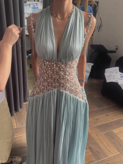 Turquoise Halter Neck Beaded Corset A-Line Evening Dress LA73421